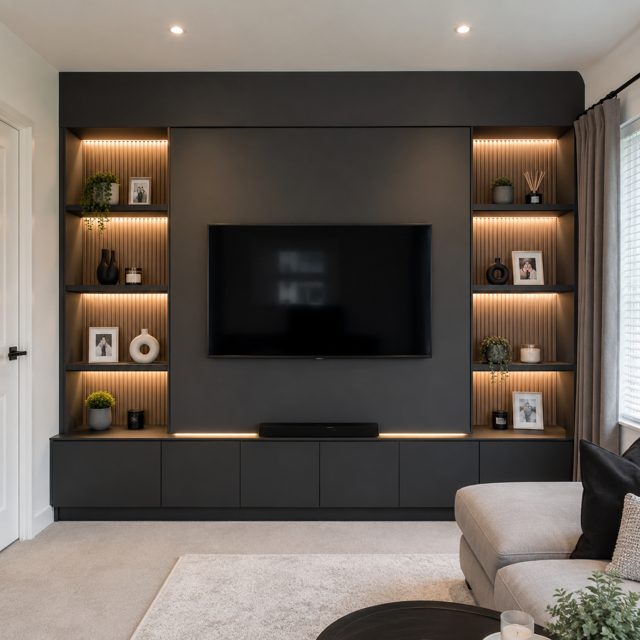 Media wall with tv, electric fire and shelving