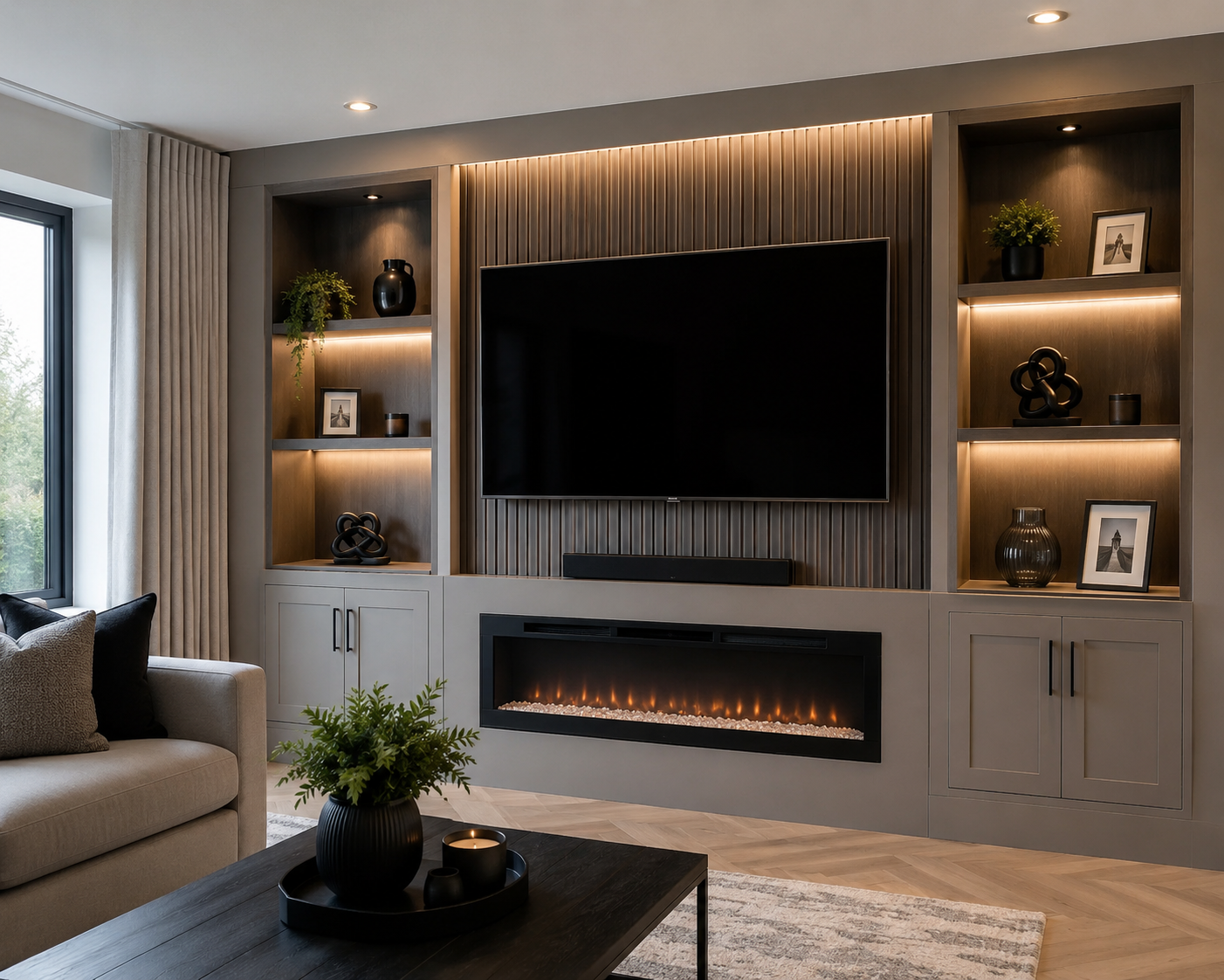 Media wall with tv, electric fire and shelving