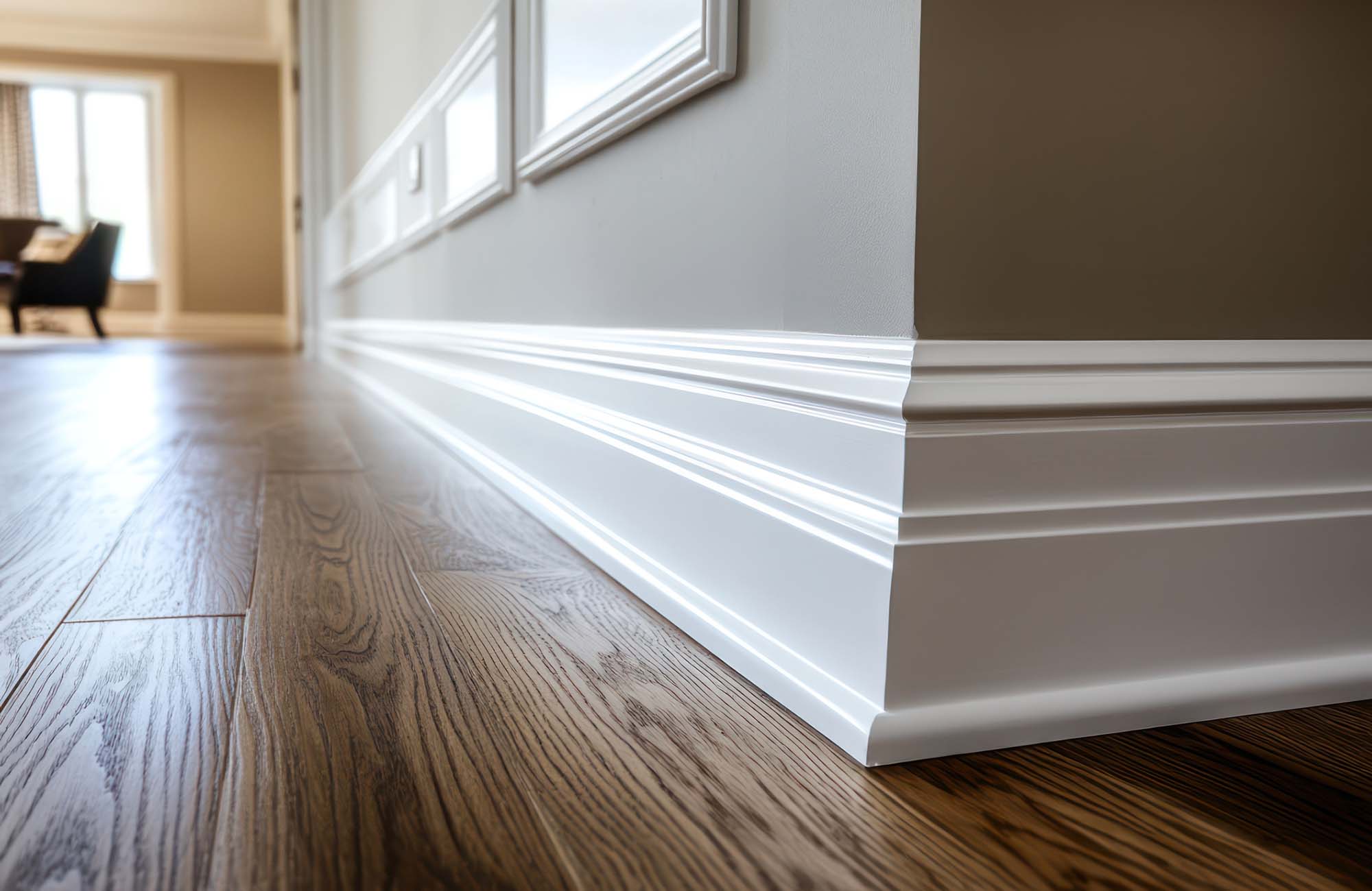 Skirting board decorative trim interior design concept. Baseboard or skirting board as part of house interior, emphasizing finishing, decor detail, and construction styling. AI generated