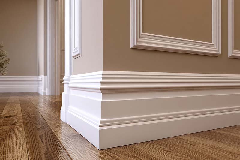 Skirting board decorative trim interior design concept. Baseboard or skirting board as part of house interior, emphasizing finishing, decor detail, and construction styling. AI generated